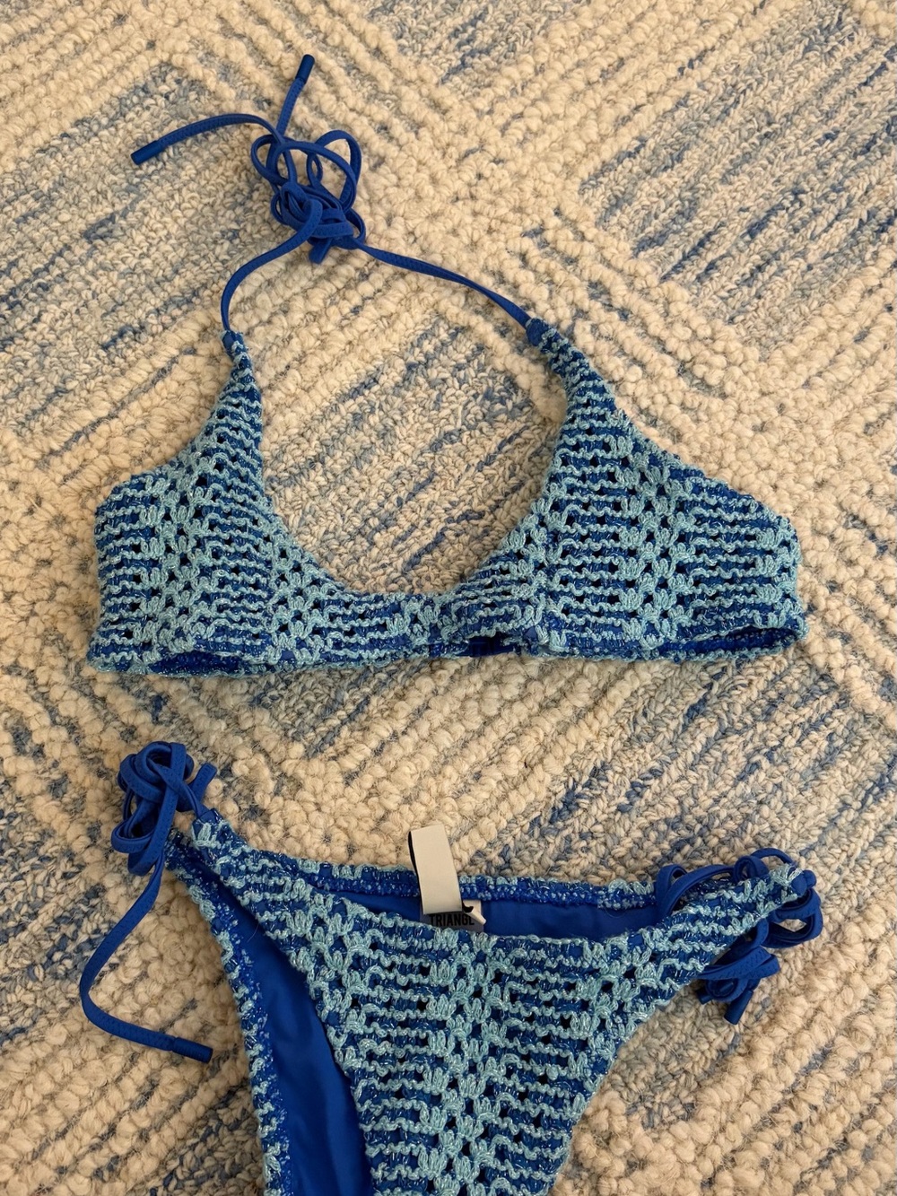 triangl cora - dello blue crochet halter bikini size xs top and bottom worn once
